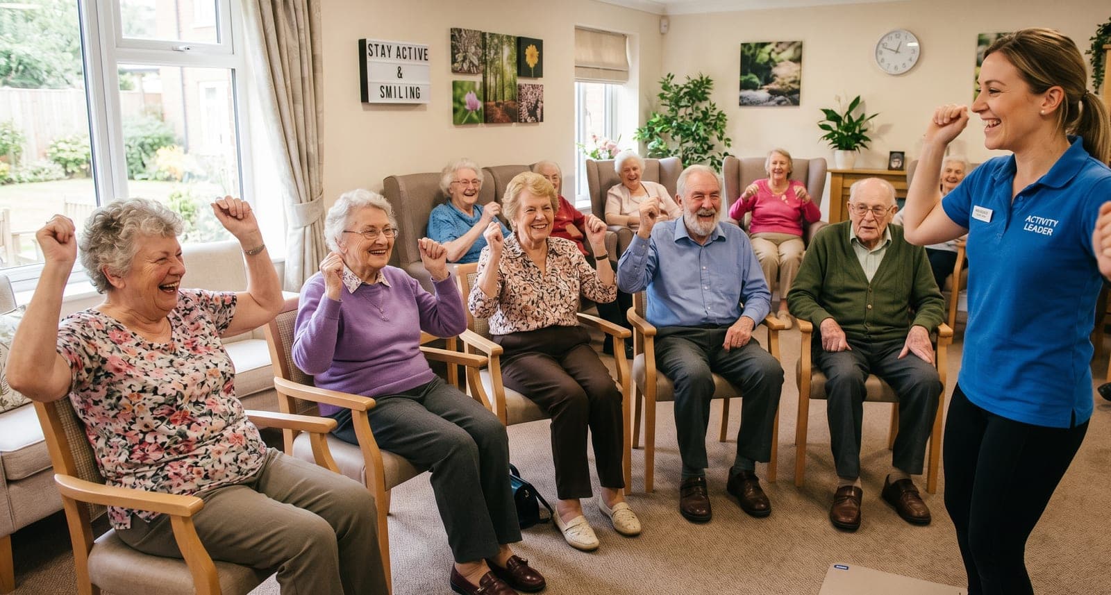 Residents enjoying a lively chair-based activity session with the Crossways Residential Care Home activity leader