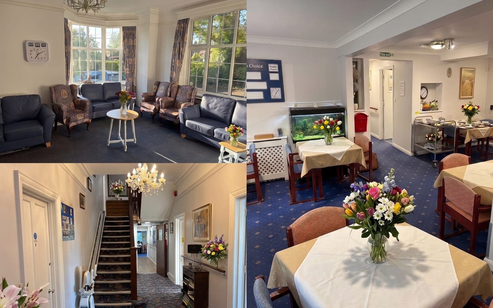 Inside Crossways Residential Care Home: the lounge, dining room and hallway, with fresh flowers throughout