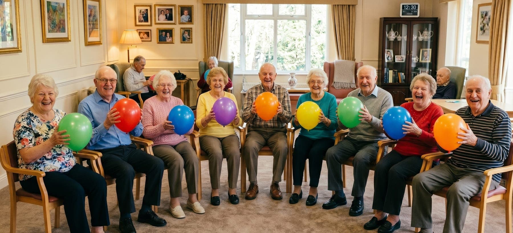 Residents laughing together during a balloon exercise activity in the Crossways Residential Care Home lounge