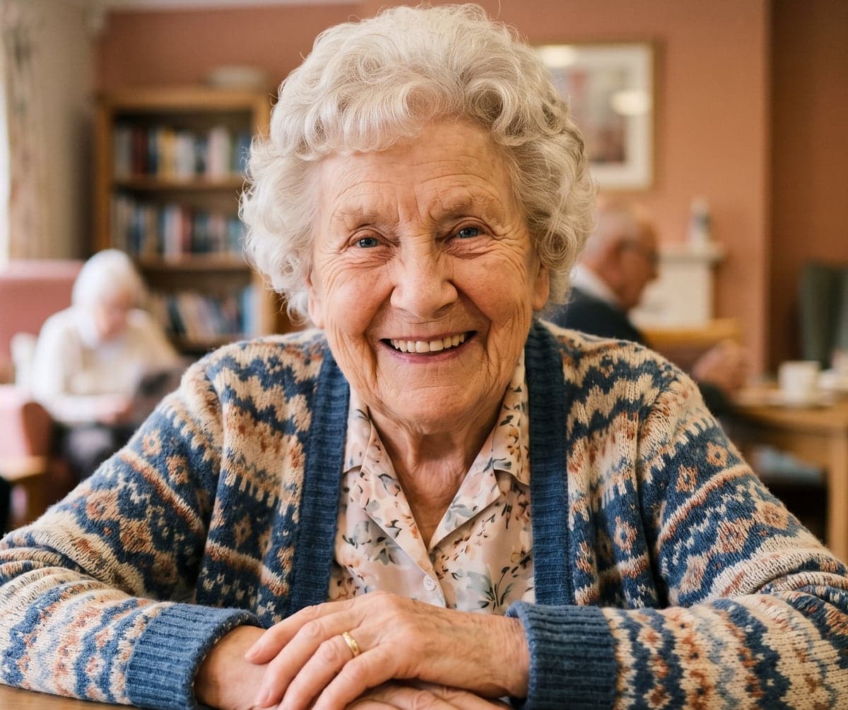 A smiling Crossways Residential Care Home resident in the lounge