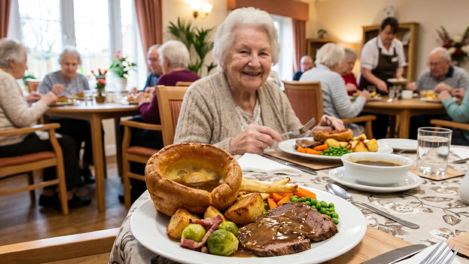 The dining room at Crossways set for a meal with a happy resident looking on