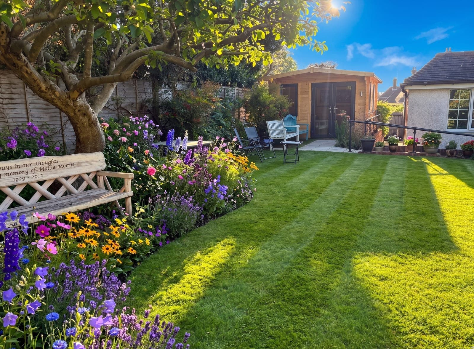 The secure garden at Crossways Residential Care Home with a summer house with flowers in bloom looking beautiful