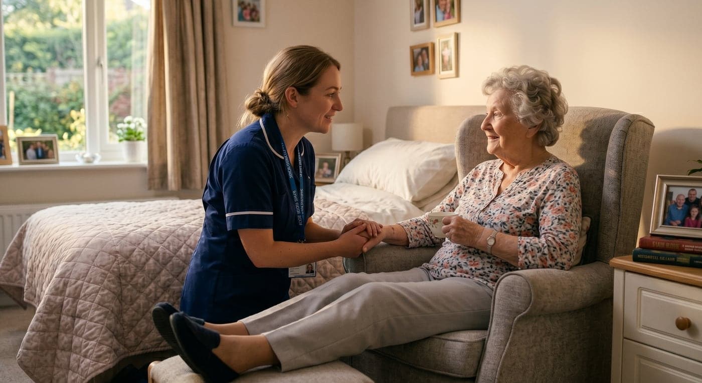 A Crossways carer holding hands and chatting with a resident enjoying a cup of tea in her room