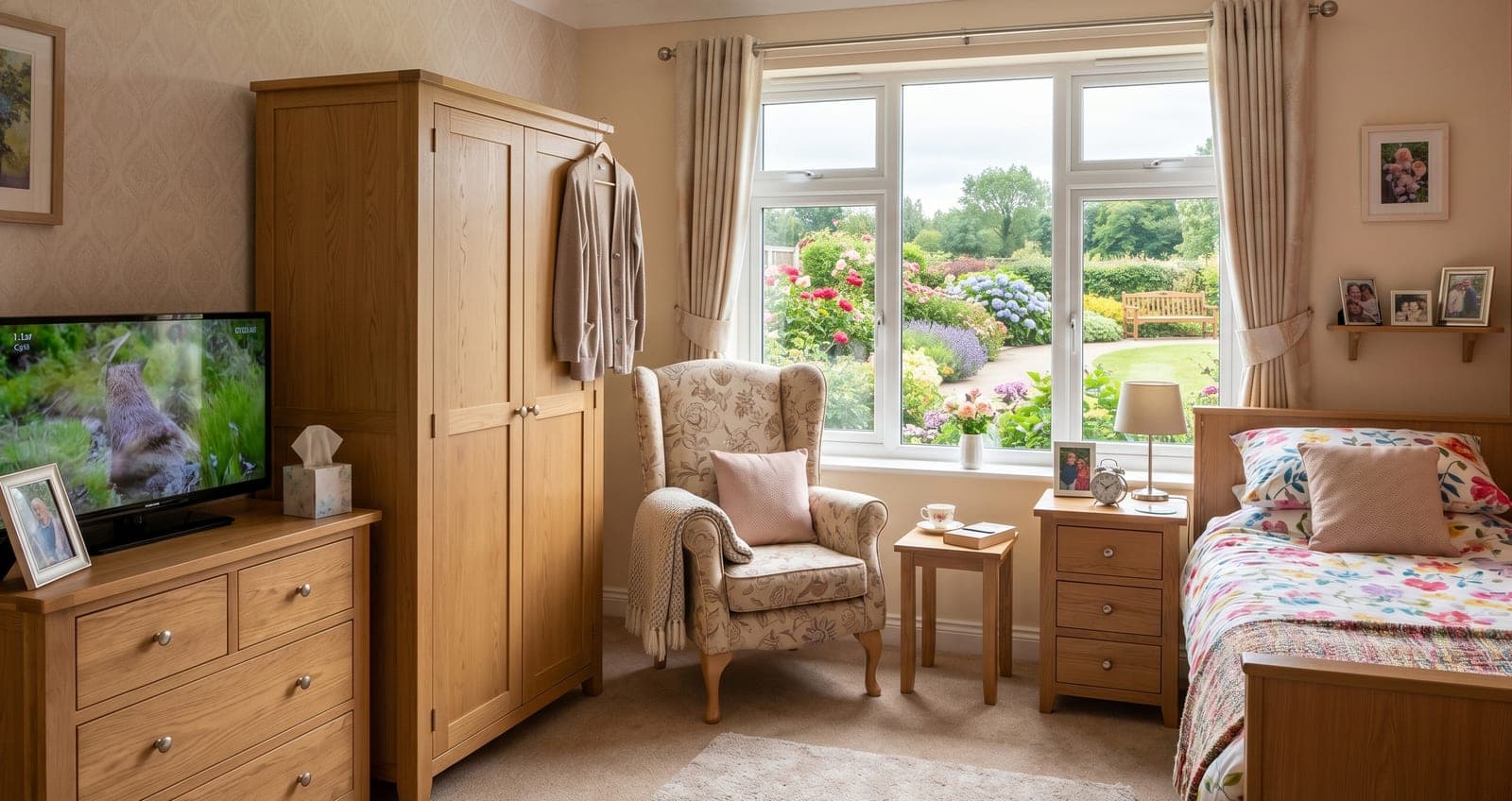 A bright, comfortable resident's room at Crossways with oak furniture and a garden view