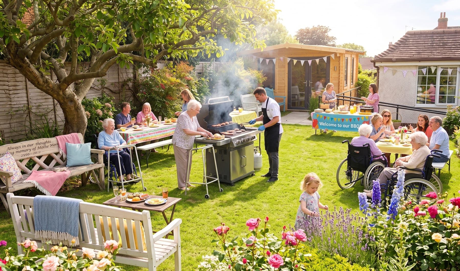 Residents, families and staff enjoying the annual summer BBQ in the Crossways Residential Care Home garden