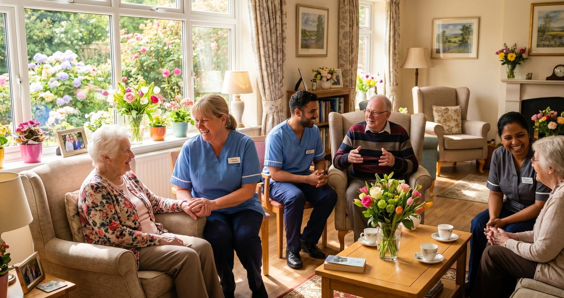 Crossways Residential Care Home carers chatting and laughing with residents over tea in the sunny lounge