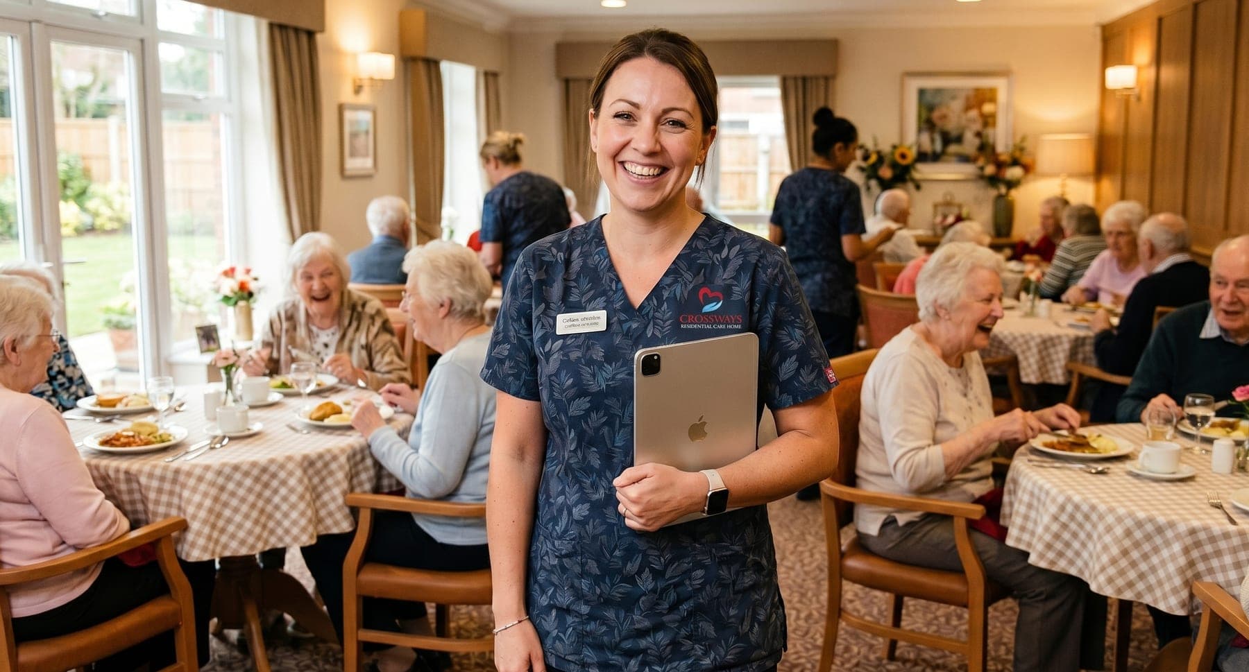 A smiling Crossways Residential Care Home carer in the dining room as residents enjoy lunch together
