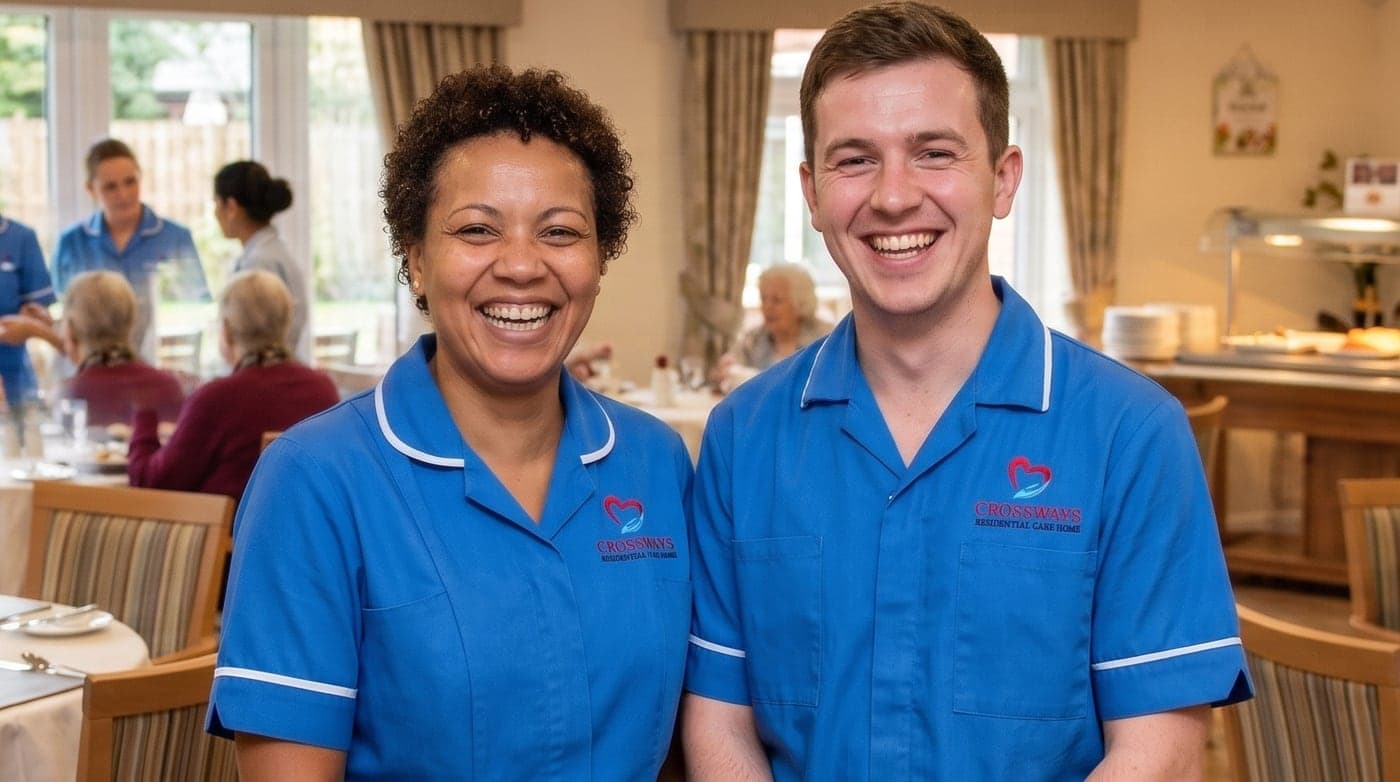 Two smiling Crossways Residential Care Home carers in uniform in the dining room